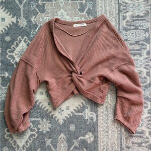We The Free Mauve Waffle Knit Twist-Front Cropped Top